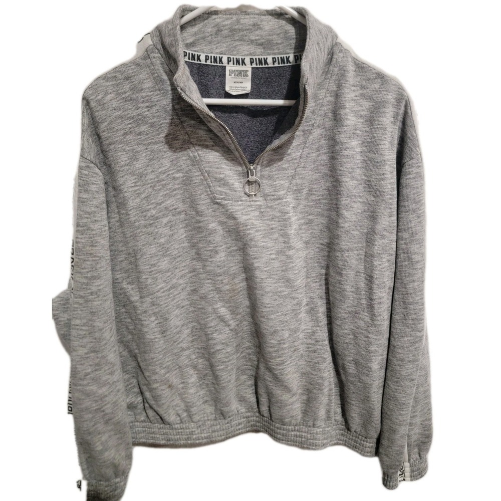 PINK Victoria's Secret Medium Grey Marled Quarter‎ Zip Pullover Sweatshirt Logo